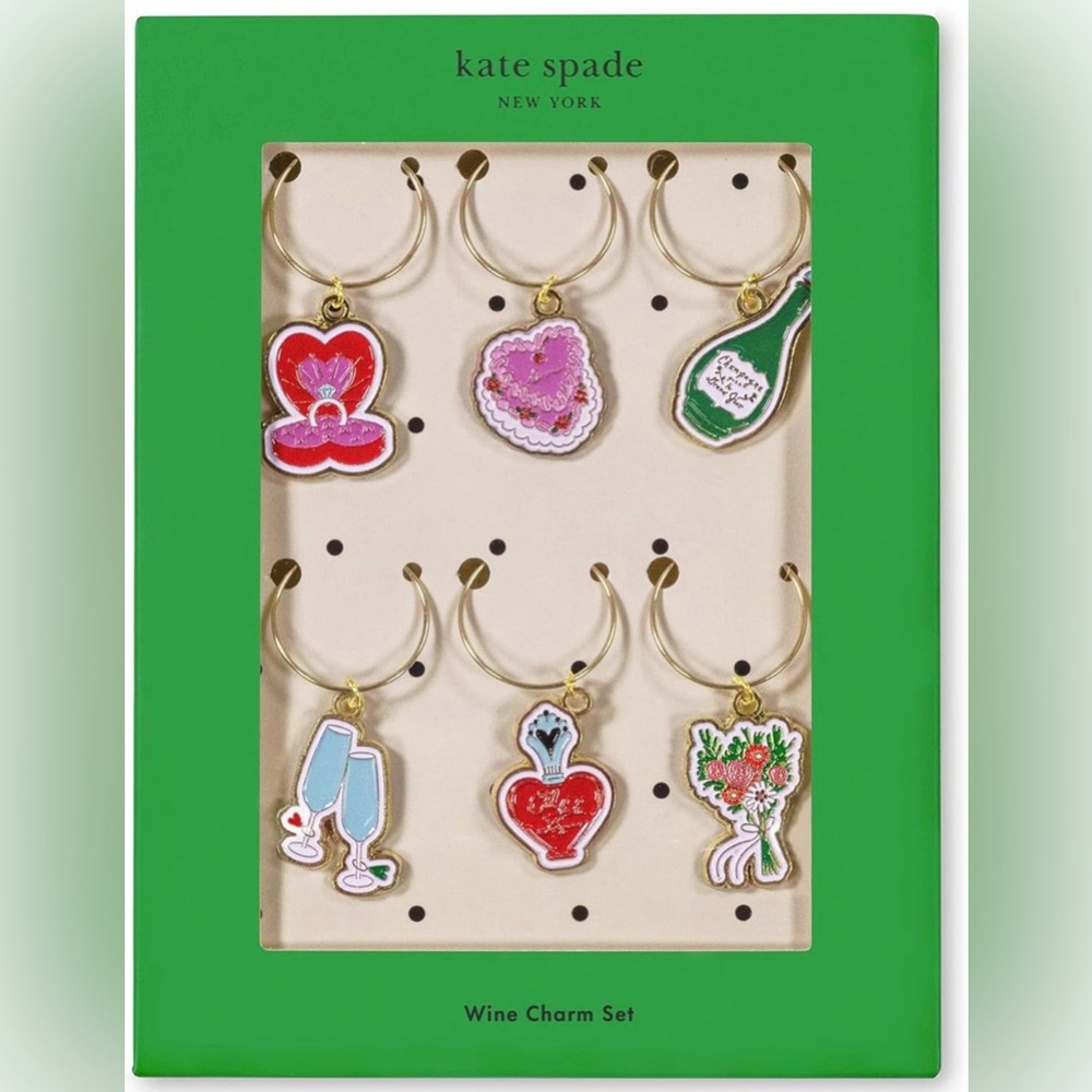 Kate Spade New York Wedding Cake Toss Wine Charm Set – 6 Glass Markers – NWT
